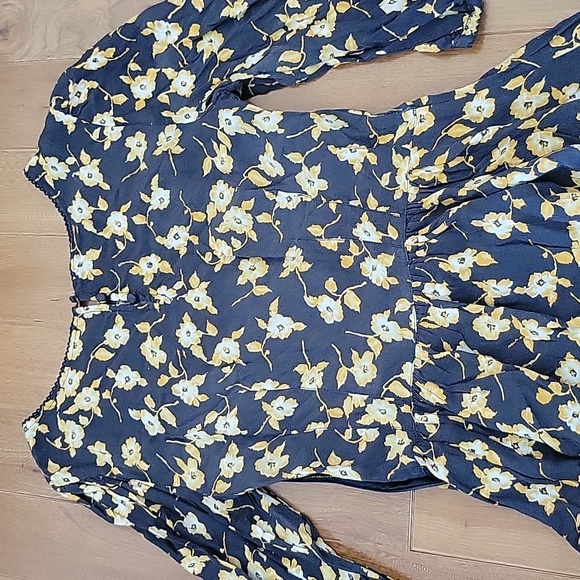 Free People 3/4 Sleeve Washed Black Yellow Floral Print Mini Dress 4 - Picture 7 of 9